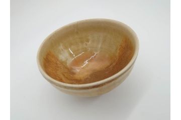 利岡光仙　九谷光仙窯　自銘「瑞光」　黄釉　茶碗(共箱付き、和食器、茶道具、茶器)(R-069701)