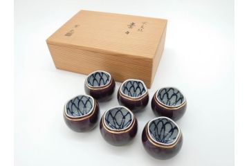中村翠嵐　紫交趾　壷々(つぼつぼ)　猪口6点(共箱付き、酒器、盃、ぐい呑み、交趾焼)(R-069702)
