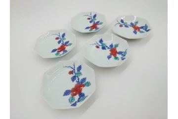 今泉今右衛門　綿牡丹絵　小皿5枚(八角皿、色鍋島、和食器、共箱付き)(R-069703)
