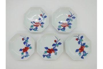 今泉今右衛門　綿牡丹絵　小皿5枚(八角皿、色鍋島、和食器、共箱付き)(R-069703)