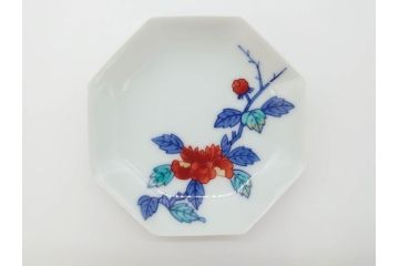 今泉今右衛門　綿牡丹絵　小皿5枚(八角皿、色鍋島、和食器、共箱付き)(R-069703)