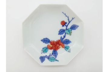 今泉今右衛門　綿牡丹絵　小皿5枚(八角皿、色鍋島、和食器、共箱付き)(R-069703)