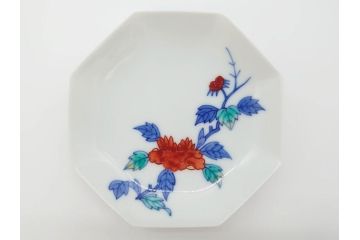 今泉今右衛門　綿牡丹絵　小皿5枚(八角皿、色鍋島、和食器、共箱付き)(R-069703)