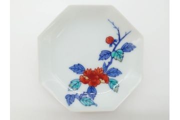 今泉今右衛門　綿牡丹絵　小皿5枚(八角皿、色鍋島、和食器、共箱付き)(R-069703)