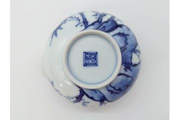 平安　京泉作　染付　岩竹絵のデザインが目を惹く煎茶器セット(急須、湯冷まし、湯呑み5客、共箱付き、和食器、茶道具、茶器)(R-069704)