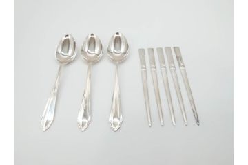 昭和レトロ　天賞堂　SILVER(シルバー)950　銀製　総重量約84g　上品な雰囲気溢れるスプーン3本・楊枝5本セット(箱付き、カトラリー)(R-069705)