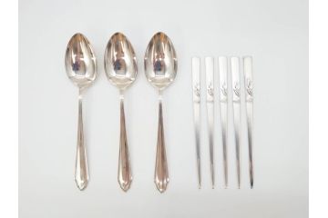 昭和レトロ　天賞堂　SILVER(シルバー)950　銀製　総重量約84g　上品な雰囲気溢れるスプーン3本・楊枝5本セット(箱付き、カトラリー)(R-069705)