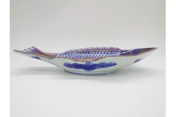 明治期　珍品!　染綿　色絵　染付　42cm　鮮やかな色彩が素敵な鯛形大皿(おめでタイ、魚形、和食器)(R-069710)