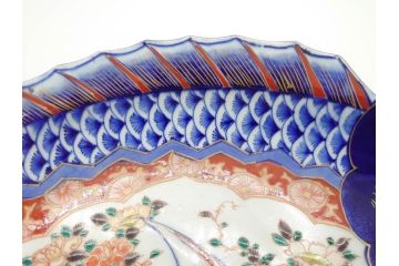 明治期　珍品!　染綿　色絵　染付　42cm　鮮やかな色彩が素敵な鯛形大皿(おめでタイ、魚形、和食器)(R-069710)