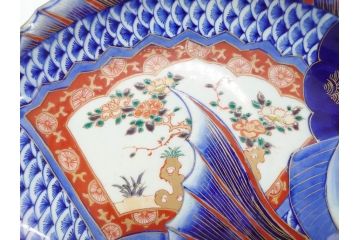明治期　珍品!　染綿　色絵　染付　42cm　鮮やかな色彩が素敵な鯛形大皿(おめでタイ、魚形、和食器)(R-069710)