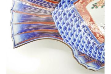 明治期　珍品!　染綿　色絵　染付　42cm　鮮やかな色彩が素敵な鯛形大皿(おめでタイ、魚形、和食器)(R-069710)