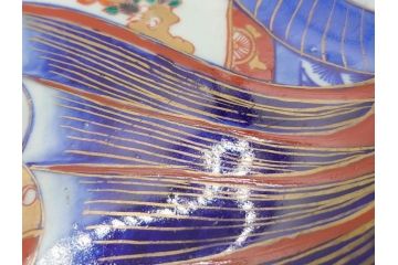 明治期　珍品!　染綿　色絵　染付　42cm　鮮やかな色彩が素敵な鯛形大皿(おめでタイ、魚形、和食器)(R-069710)