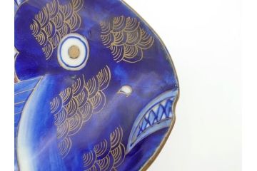 明治期　珍品!　染綿　色絵　染付　42cm　鮮やかな色彩が素敵な鯛形大皿(おめでタイ、魚形、和食器)(R-069710)