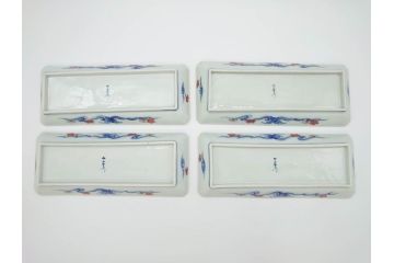 今泉今右衛門　雲鶴　波　花　色絵　染付　繊細な絵付けが魅力的な長角皿4枚セット(和食器、トレイ、ペン入れ)(R-069712)