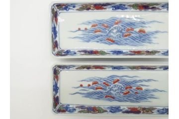 今泉今右衛門　雲鶴　波　花　色絵　染付　繊細な絵付けが魅力的な長角皿4枚セット(和食器、トレイ、ペン入れ)(R-069712)