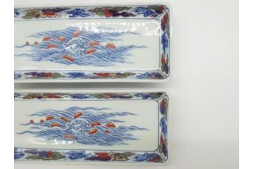 今泉今右衛門　雲鶴　波　花　色絵　染付　繊細な絵付けが魅力的な長角皿4枚セット(和食器、トレイ、ペン入れ)(R-069712)