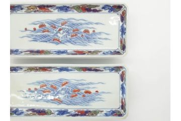 今泉今右衛門　雲鶴　波　花　色絵　染付　繊細な絵付けが魅力的な長角皿4枚セット(和食器、トレイ、ペン入れ)(R-069712)