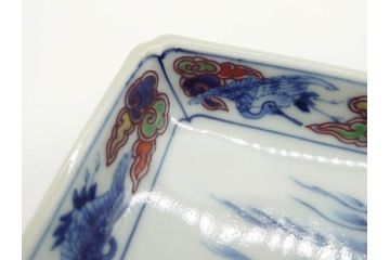 今泉今右衛門　雲鶴　波　花　色絵　染付　繊細な絵付けが魅力的な長角皿4枚セット(和食器、トレイ、ペン入れ)(R-069712)