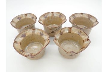十三代　太郎右衛門陶房　唐津焼窯元　絵唐津　おしゃれなデザインが目を惹く向付5客セット(忠夫、共箱付き、和食器)(R-069713)