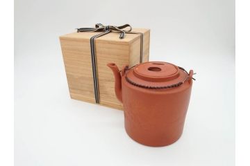 中国　朱泥　源典炳記　花鳥図　茶道具　繊細なデザインが彫られた急須(共箱付き、和食器、茶器)(R-069715)