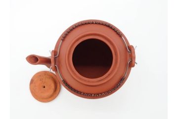 中国　朱泥　源典炳記　花鳥図　茶道具　繊細なデザインが彫られた急須(共箱付き、和食器、茶器)(R-069715)
