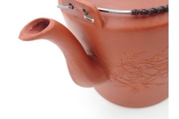 中国　朱泥　源典炳記　花鳥図　茶道具　繊細なデザインが彫られた急須(共箱付き、和食器、茶器)(R-069715)