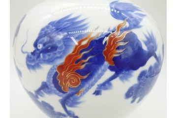 大正〜昭和初期　オールド香蘭社　染付　染錦　瑞雲麒麟文　大胆なデザインが目を惹く花入(花瓶、花器)(R-069717)