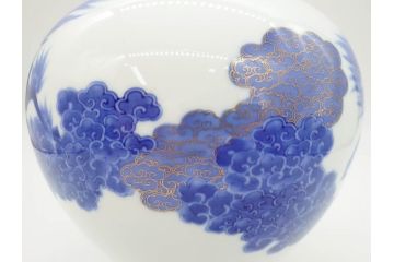 大正〜昭和初期　オールド香蘭社　染付　染錦　瑞雲麒麟文　大胆なデザインが目を惹く花入(花瓶、花器)(R-069717)