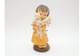イタリア　ANRI(アンリ)　Juan FERRANDIZ(ホアンフェランディス)　子羊を抱く少女　笑顔が可愛らしい木彫り人形(ウッドドール、置物)(R-069719)
