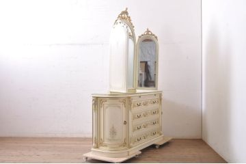 中古　イタリア高級家具　Mario Colciago&Figli(マリオ・コルチャゴ)　ロココ調　空間を華やかに彩るミラー付きサイドボード(ドレッシングチェスト、サイドチェスト、ドレッサー、キャビネット、鏡台、引き出し)(定価約200万円)(R-069804)