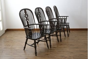 中古　松本民芸家具　#44A型　シックな色合いとクラシカルな佇まいが魅力のウィンザーチェア4脚セット(ウインザーチェア、アームチェア、板座チェア、ダイニングチェア、椅子、イス)(定価4脚で約80万円)(R-069811)