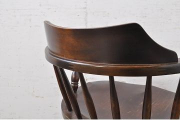 中古　希少　絶版品　北海道民芸家具　在宅ワーク用にもオススメのキャスター付きデスクチェア(回転イス、椅子、アームチェア、板座チェア、キャプテンチェア、キャスターチェア、回転チェア、高さ調整可能)(R-069818)