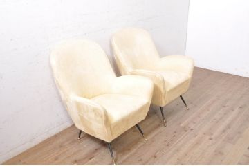 イタリアビンテージ　Lloyd's Antiques(ロイズ・アンティークス)取り扱い　スエード風ファブリック　置くだけでも絵になるモダンデザインが魅力の1人掛けソファ2脚セット(アームチェア、サロンチェア、椅子、イス、ヴィンテージ)(定価2脚で約80万円)(R-069820)