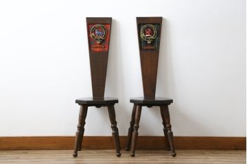 イギリスビンテージ　オーク材　タータンチェックのデザインが魅力的なスピニングチェア2脚セット(板座チェア、椅子、イス、ヴィンテージ)(R-069831)