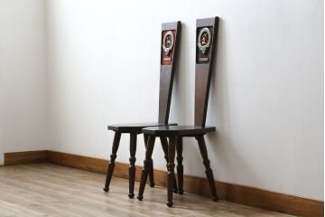 イギリスビンテージ　オーク材　タータンチェックのデザインが魅力的なスピニングチェア2脚セット(板座チェア、椅子、イス、ヴィンテージ)(R-069831)