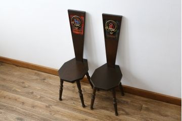 イギリスビンテージ　オーク材　タータンチェックのデザインが魅力的なスピニングチェア2脚セット(板座チェア、椅子、イス、ヴィンテージ)(R-069831)