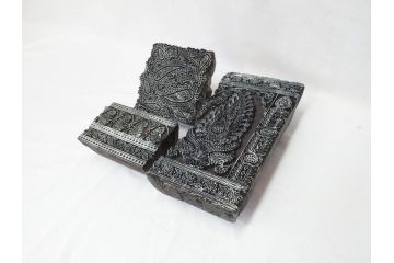 アンティーク　インド　更紗　細やかな彫りが美しい版木3個セット(ウッドスタンプ、木版画)(R-069854)