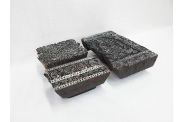 アンティーク　インド　更紗　細やかな彫りが美しい版木3個セット(ウッドスタンプ、木版画)(R-069854)