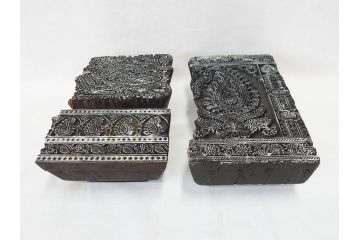 アンティーク　インド　更紗　細やかな彫りが美しい版木3個セット(ウッドスタンプ、木版画)(R-069854)