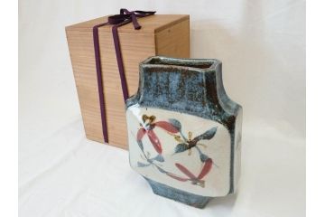 特大　河井武一　高さ約29cm　落ち着いた色合いが素敵な花紋扁壷(師.河井寛次郎、共箱付き、壺)(R-069855)