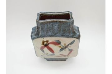 特大　河井武一　高さ約29cm　落ち着いた色合いが素敵な花紋扁壷(師.河井寛次郎、共箱付き、壺)(R-069855)