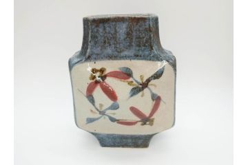 特大　河井武一　高さ約29cm　落ち着いた色合いが素敵な花紋扁壷(師.河井寛次郎、共箱付き、壺)(R-069855)