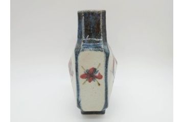 特大　河井武一　高さ約29cm　落ち着いた色合いが素敵な花紋扁壷(師.河井寛次郎、共箱付き、壺)(R-069855)