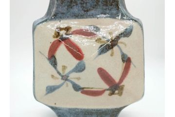 特大　河井武一　高さ約29cm　落ち着いた色合いが素敵な花紋扁壷(師.河井寛次郎、共箱付き、壺)(R-069855)