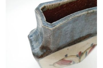 特大　河井武一　高さ約29cm　落ち着いた色合いが素敵な花紋扁壷(師.河井寛次郎、共箱付き、壺)(R-069855)