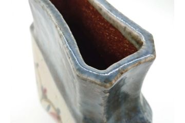 特大　河井武一　高さ約29cm　落ち着いた色合いが素敵な花紋扁壷(師.河井寛次郎、共箱付き、壺)(R-069855)