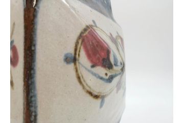 特大　河井武一　高さ約29cm　落ち着いた色合いが素敵な花紋扁壷(師.河井寛次郎、共箱付き、壺)(R-069855)