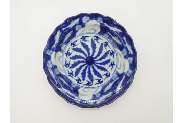 江戸〜明治　伊万里　染付　約17cm　5.6寸　魚花紋と色合いが涼しげな輪花皿5枚セット(五寸六分、中皿、和食器)(R-069856)