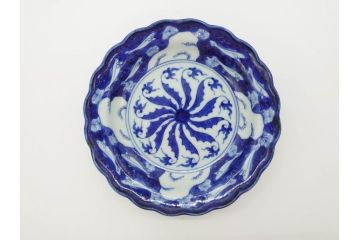江戸〜明治　伊万里　染付　約17cm　5.6寸　魚花紋と色合いが涼しげな輪花皿5枚セット(五寸六分、中皿、和食器)(R-069856)
