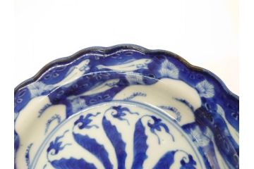 江戸〜明治　伊万里　染付　約17cm　5.6寸　魚花紋と色合いが涼しげな輪花皿5枚セット(五寸六分、中皿、和食器)(R-069856)
